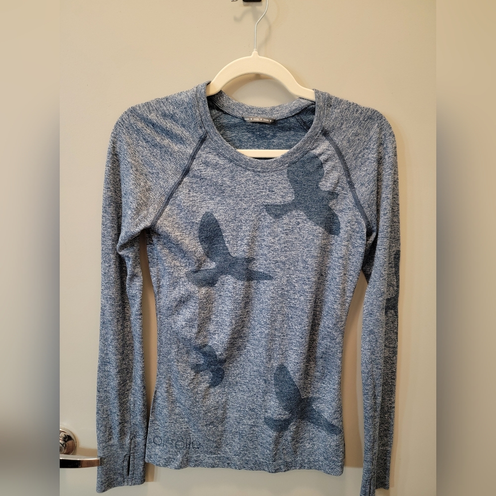 Oiselle Flyte Blue Long Sleeve Bird Print Running Top Size S